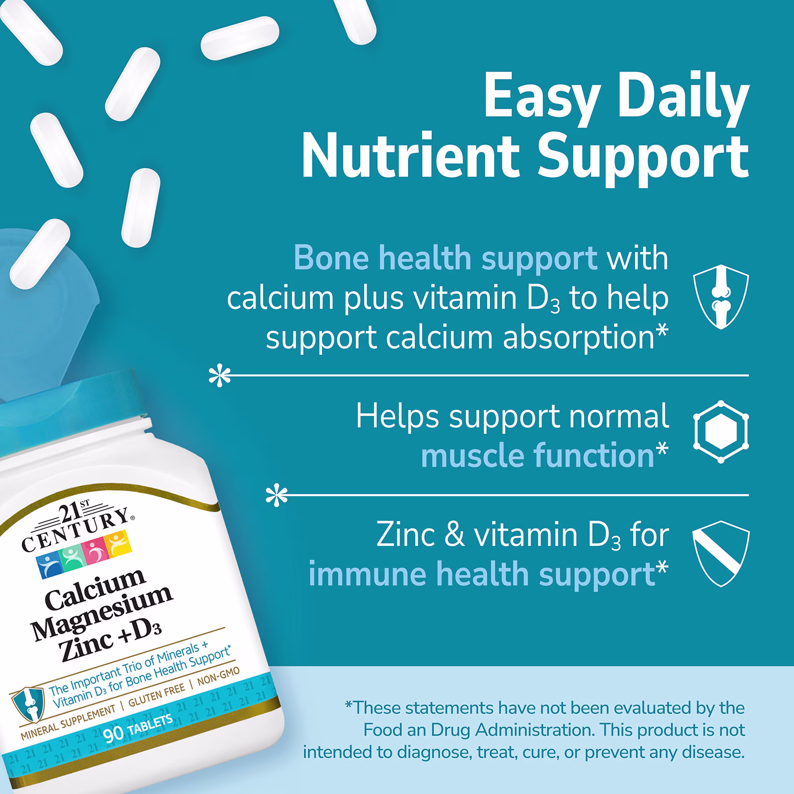 21st Century Calcium Magnésium Zinc + Vitamine D3 – 90 Comprimés