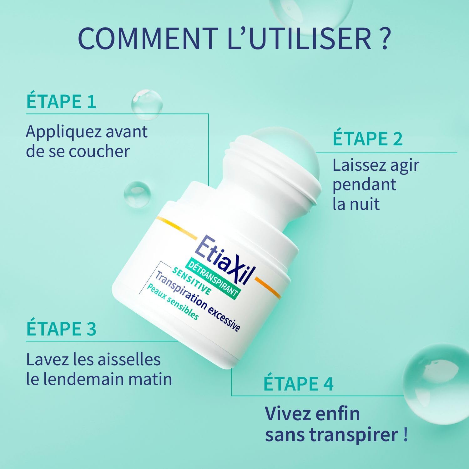 Déodorant Détranspirant - Traitement Transpiration Excessive - Aisselles - Peaux Sensibles - Roll-on - Efficacité 4 jours -15 ml