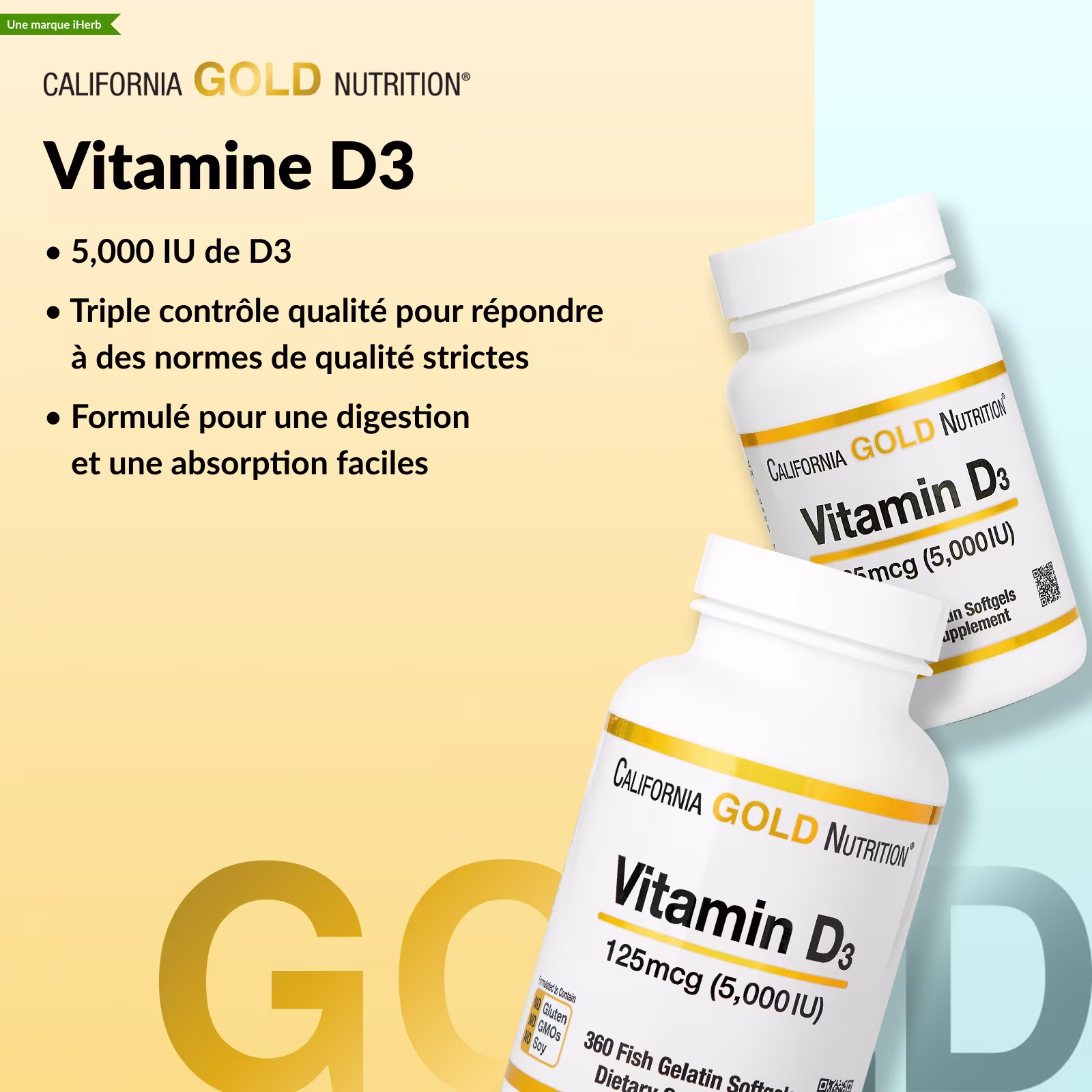 California Gold Nutrition Vitamine D3 5000 UI (125 µg) – 90 Capsules Molles