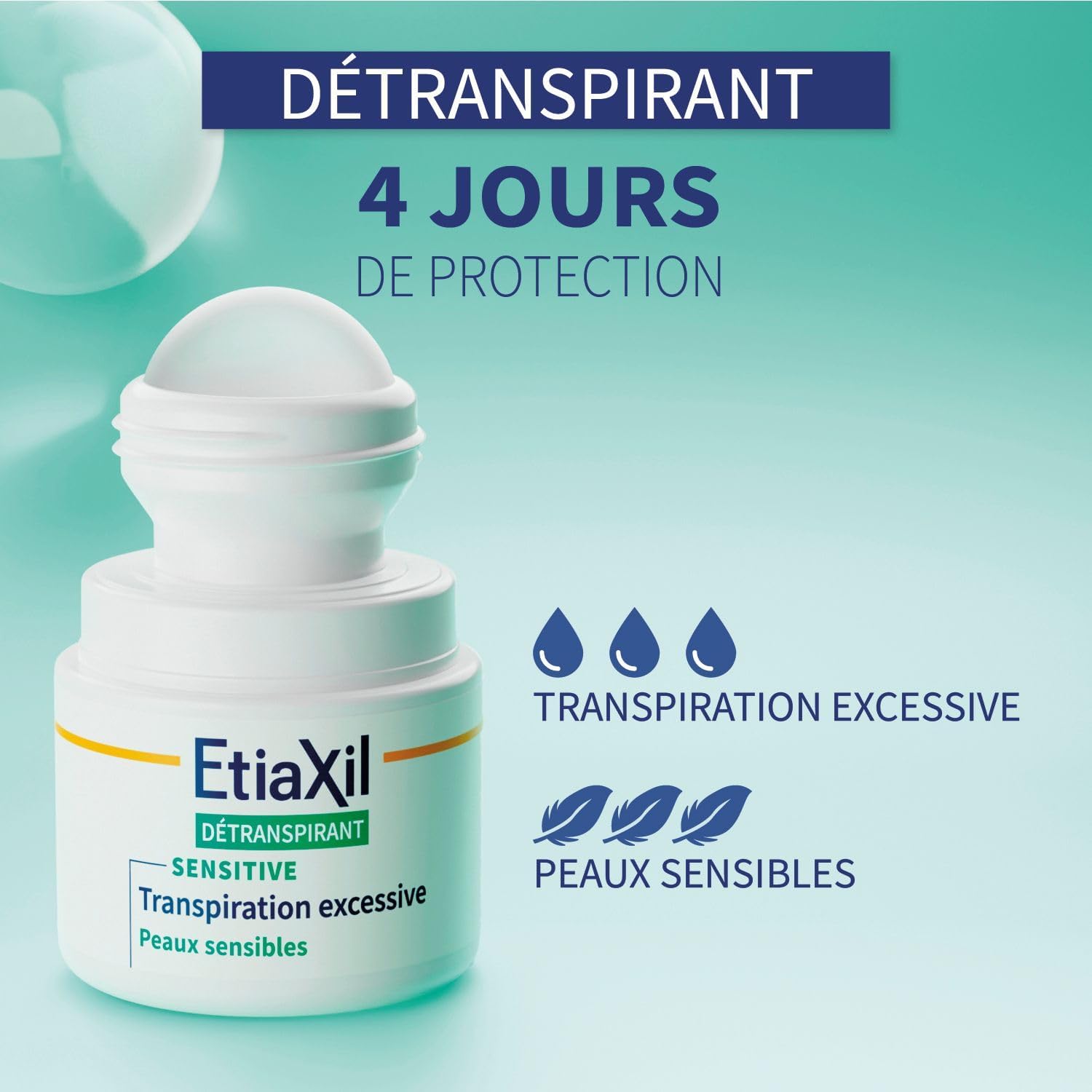Déodorant Détranspirant - Traitement Transpiration Excessive - Aisselles - Peaux Sensibles - Roll-on - Efficacité 4 jours -15 ml